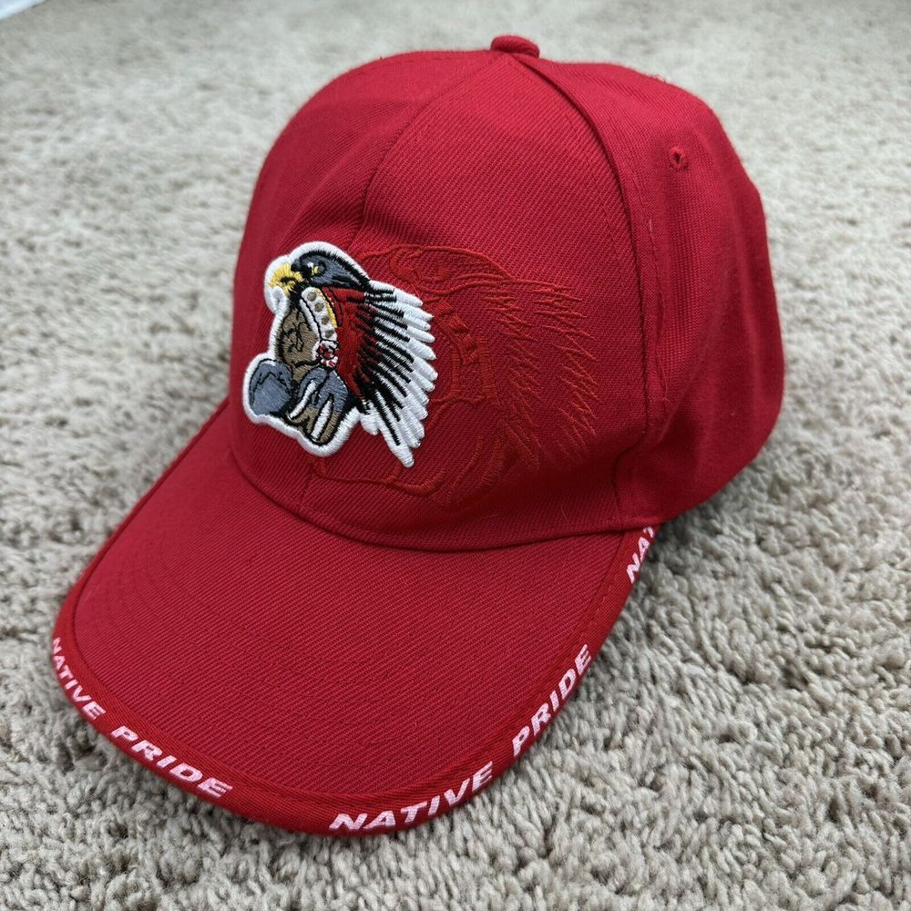 Native Pride American Indian Hat Red Adjustable Strap Chief Feathers Eagle Cap